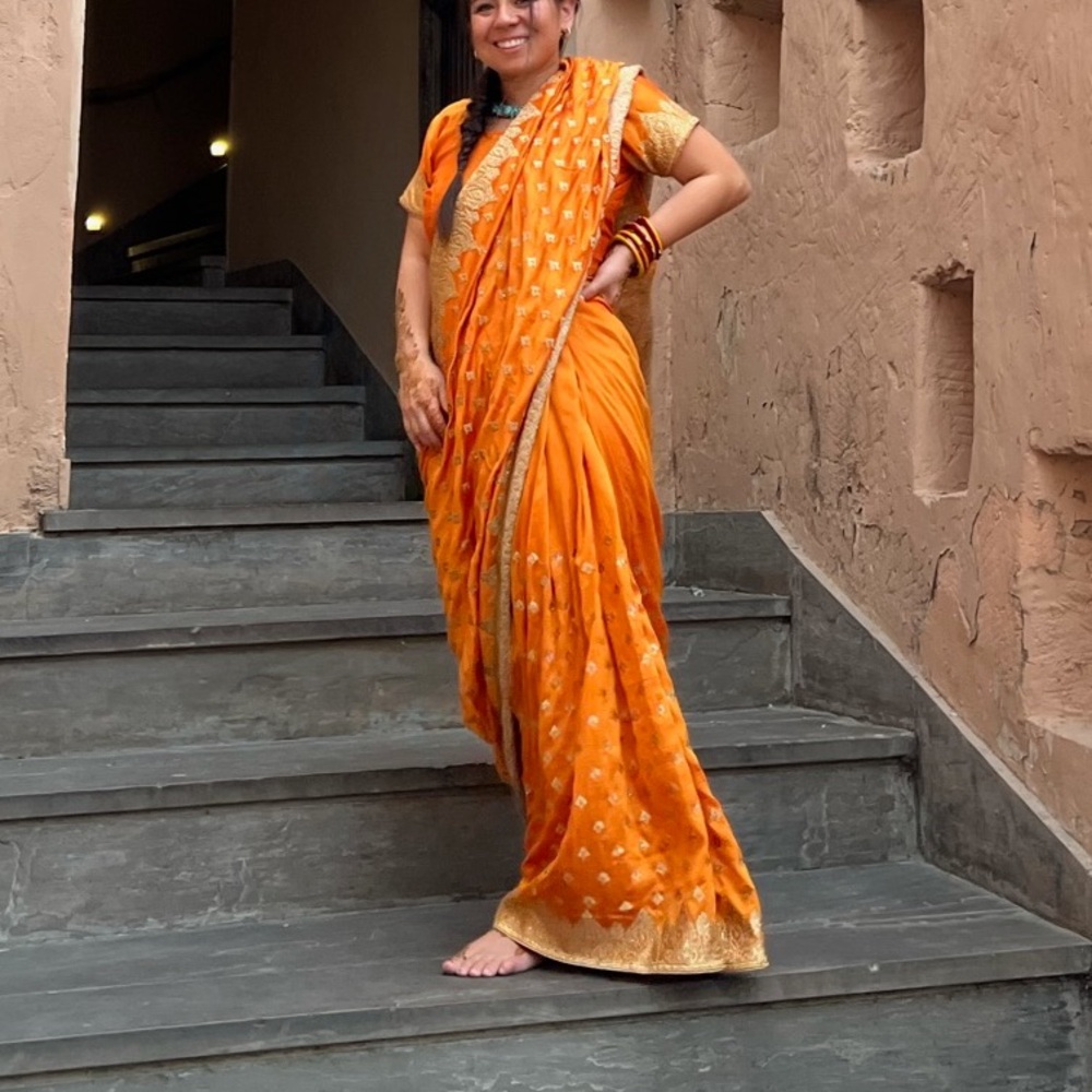 Pre stitched Saree - golden orange yellow saree - gold embroidery